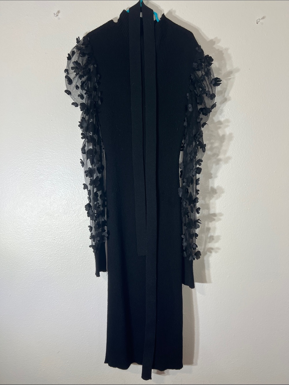 Almost Famous Black Long-Sleeve Knit Dress with 3D Floral Mesh Sleeves